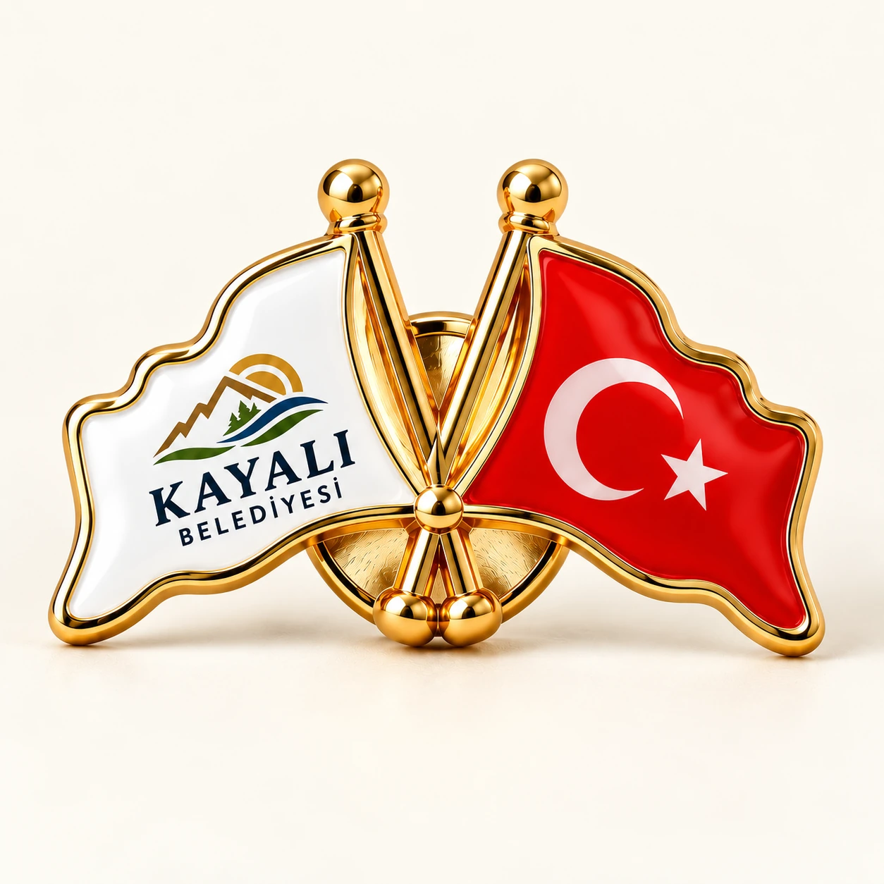 Belediye logolu Türk bayraklı çift rozet örneği