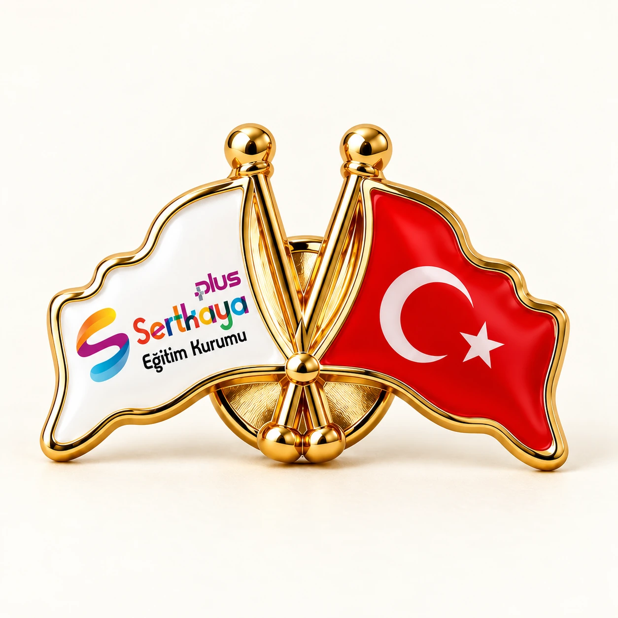 Eğitim kurumu logolu çift bayraklı özel rozet örneği